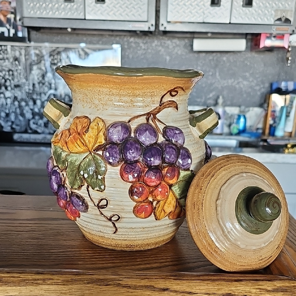 Large Certified International Multicolor Grapes Ceramic Jar